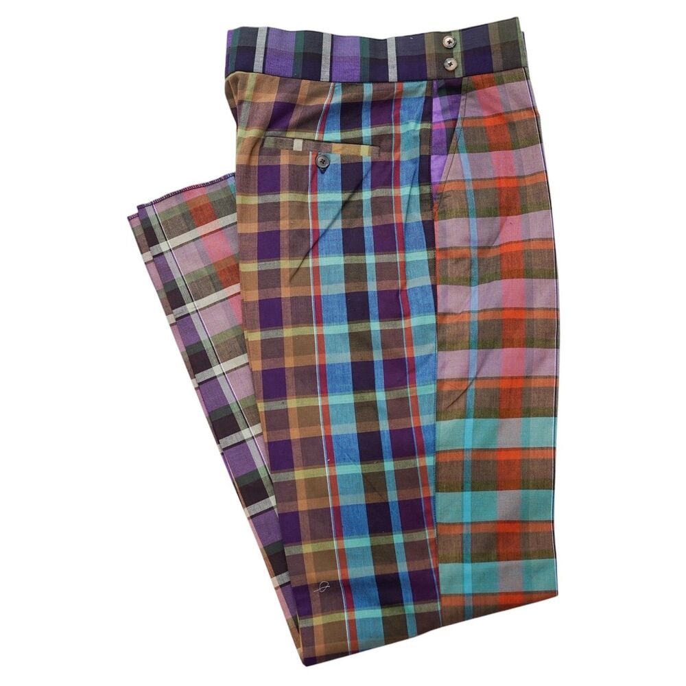 Mens 32 Gurkha Pants Multicolor Plaid High Waist Retro Preppy Cotton Trousers